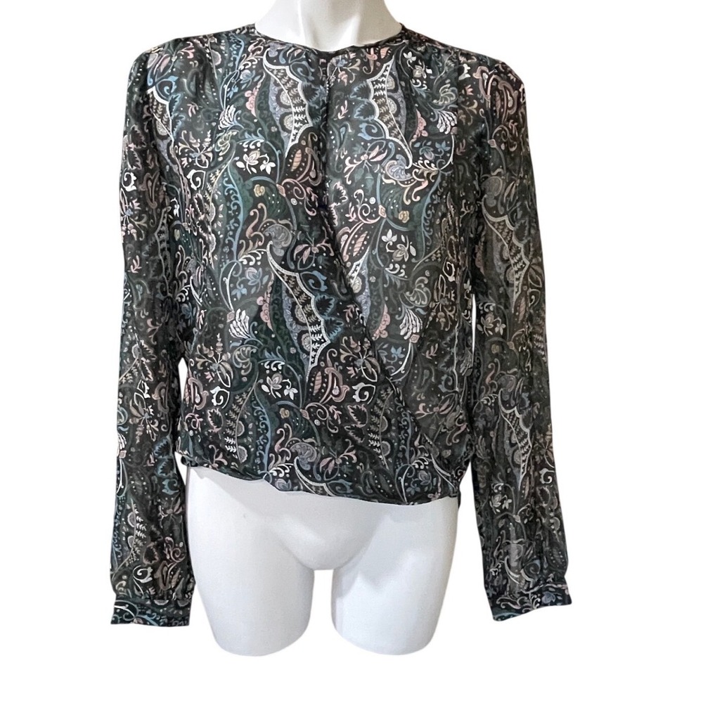 Veronica Beard 100% Silk Paisley Faux Wrap Blouse Sheer Long Sleeve Black Size 4